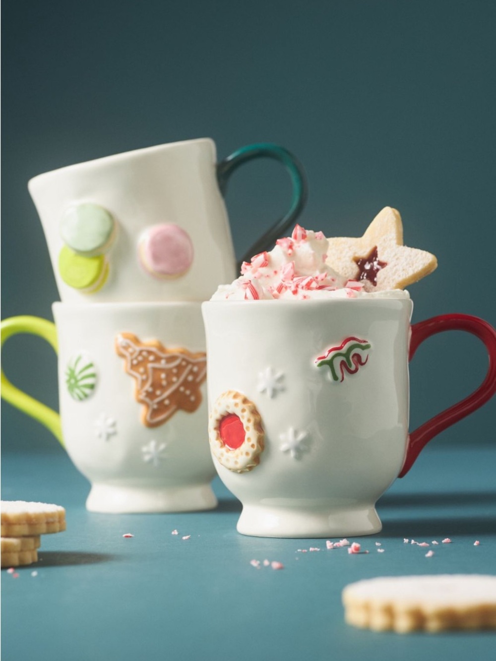 Anthropologie Holifaye Stoneware Mugs with Red, Green and Lime Handles